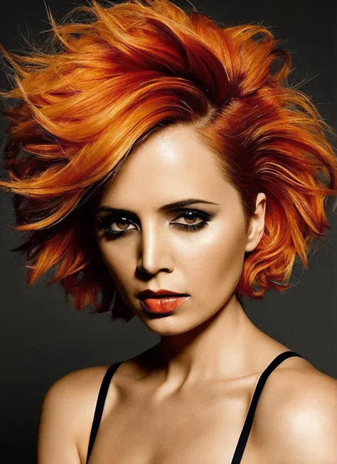 portrait of sks woman by Flora Borsi, style by Flora Borsi, bold, bright colours, orange Mohawk haircut, ((Flora Borsi)), <lora:locon_eliza_v1_from_v1_64_32:1.3>
