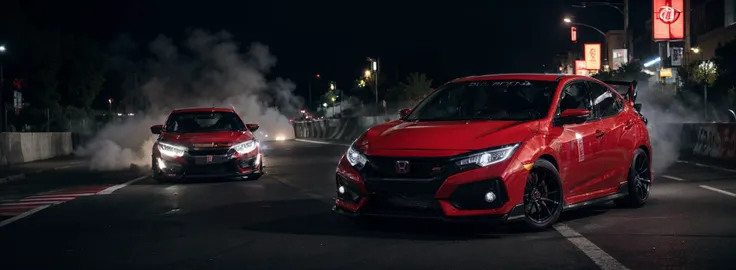 flash photo, red honda civic civtypr drifting (on a cityroad:1.2), audience, speed, burn, smoke, cardrifting <lora:cardrifting:0.5>, <lora:CivicTypeRsmall:0.4>