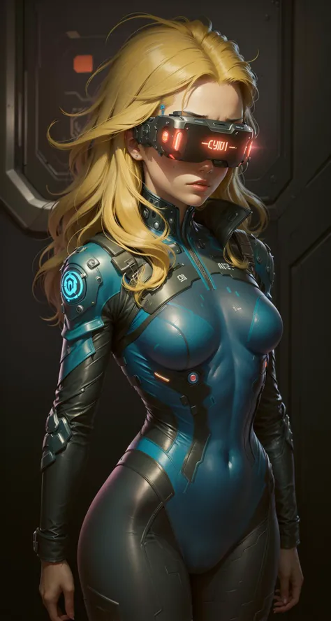 1girl, solo,blue bodysuit,head-mounted display, long blonde hair, background, neon color, science fiction, cyberpunk <lora:Bodysuit v13:0.8> <lora:head-mounted display3:1>