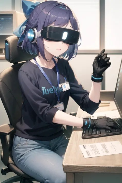((masterpiece, sidelighting, finely detailed beautiful eyes: 1.2)), ultra-detailed, ultra high res, professional lighting, high quality makeup, beautiful detailed eyes, sexy, beautiful, big eyes, <lora:aChanHololiveLogo_v2:0.8>, a-chan, black shirt, logo, id card, jeans, office, ergo chair, Herman-miller aeron, computer, monitor, <lora:conceptHeadMounted_v10:1>, head-mounted display, headset, (motion-capture gloves)