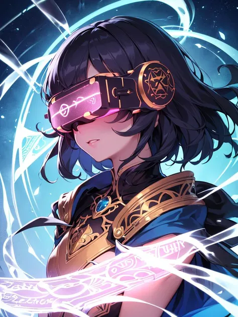 (best quality), (ultra-detailed), (best illustration), (best shadow), masterpiece, high res, (solo, 1girl), gold filigree head-mounted display, magical glowing head-mounted display, magical technology, fantasy, glowing blue runes, form fitting wizard clothes, eye piece with magical runes, gold filigree vr goggles