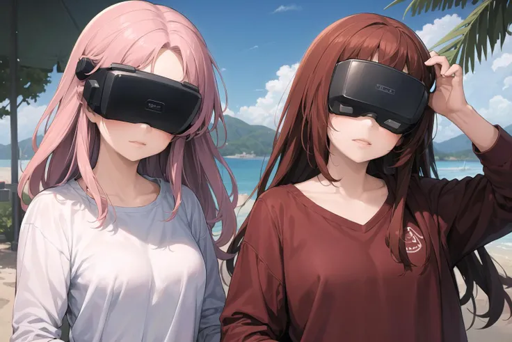 ((masterpiece)), (best quality), (detailed), (2 girls), beach,outdoor,
AND ((masterpiece)), (best quality), (detailed), (2 girls),<lora:2R 12E CosineRestart Animefullpruned Locon Lycoris:0.4>,<lora:conceptHeadMounted_v10:0.4>pink hair,white shirt,head-mounted display,
AND ((masterpiece)), (best quality), (detailed), (2 girls),<lora:2R 12E CosineRestart Animefullpruned Locon Lycoris:0.4>,<lora:conceptHeadMounted_v10:0.4>,red hair,pink shirt,head-mounted display