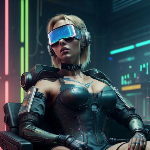 raw photo of a beautiful blonde woman sitting tied to a metal throne in the middle of grungy warehouse, she is wearing satin a prisoner jumpsuit, wires coming out of her arms, , she is wearing a futuristic head-mounted display, arms bound to chair, head back, slender, tan, (perfect fit body), (perky c-cup breasts:1.18), ((chin up)), mouth open, ((parted lips)), sharp focus, (Masterpiece), (Best Quality), extremely detailed, (specular lighting:1.12), grungy dark warehouse blurred background, futuristic scene, digital concept art, realistic, intricate detailed textures, filmic, cinematic, environmental character portrait, sci-fi, (((sexy hairstyle))), <lora:head-mounted display3-000007:.8>, skindentation, skin texture, (((thick scifi collar around her neck))),god rays, reflective, ((background defocused)):1.2, (((depth of field))):1.2, masterpiece, best quality, award winning (high quality erotic colored photo), (((cyberpunk laboratory, science equipment, computer screens, wires))),