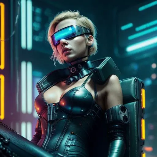 raw photo of a beautiful blonde woman sitting tied to a metal throne in the middle of grungy warehouse, she is wearing satin a prisoner jumpsuit, wires coming out of her arms, , she is wearing a futuristic head-mounted display, arms bound to chair, head back, slender, tan, (perfect fit body), (perky c-cup breasts:1.18), ((chin up)), mouth open, ((parted lips)), sharp focus, (Masterpiece), (Best Quality), extremely detailed, (specular lighting:1.12), grungy dark warehouse blurred background, futuristic scene, digital concept art, realistic, intricate detailed textures, filmic, cinematic, environmental character portrait, sci-fi, (((short sexy hairstyle))), <lora:head-mounted display3-000007:.8>, skindentation, skin texture, (((thick scifi collar around her neck))),god rays, reflective, ((background defocused)):1.2, (((depth of field))):1.2, masterpiece, best quality, award winning (high quality erotic colored photo), (((cyberpunk laboratory, science equipment, computer screens, wires))),