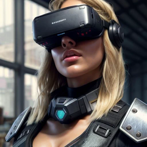 raw photo, beautiful blonde woman kneeling on floor of grungy warehouse, she is wearing a futuristic head-mounted vr display, sexy, dynamic pose, rslender, tan, (perfect fit body), (perky c-cup breasts:1.18),((parted lips)), sharp focus, (Masterpiece), (Best Quality), extremely detailed, (specular lighting:1.12), grungy dark warehouse blurred background, futuristic scene, digital concept art, realistic, intricate detailed textures, filmic, cinematic, environmental character portrait, sci-fi, <lora:head-mounted display3-000007:.8>
