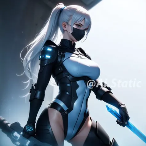1girl, athletic, breasts, sxz-mgr-v1-4000 in battle stand, ninja assasin, metal gear type body armor, ((wearing metallic mouth mask)), white long messy hair, blue eyes, holding sword, dynamic pose, covered in blood, (detailed background), military base, (lens distortion:0,7), (chromatic aberration:0.7), (fim grain:0.7), intricate, unreal engine 5, volumetric lighting, realistic, cinematic, 4k, cinematic lighting, depth of field, masterpiece, perfect, hyper-detailed, hard lighting, intricate details, stop motion, hyperfocus, tonemapping, sharp focus, hyper detailed, ((white+blue theme))