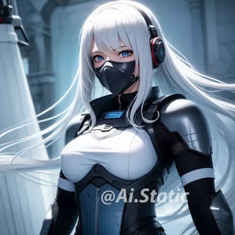 1girl, athletic, breasts, sxz-mgr-v1-4000 in battle stand, ninja assasin, metal gear type body armor, ((wearing metallic mouth mask)), white long messy hair, blue eyes, holding sword, dynamic pose, covered in blood, (detailed background), military base, (lens distortion:0,7), (chromatic aberration:0.7), (fim grain:0.7), intricate, unreal engine 5, volumetric lighting, realistic, cinematic, 4k, cinematic lighting, depth of field, masterpiece, perfect, hyper-detailed, hard lighting, intricate details, stop motion, hyperfocus, tonemapping, sharp focus, hyper detailed, ((white+blue theme))