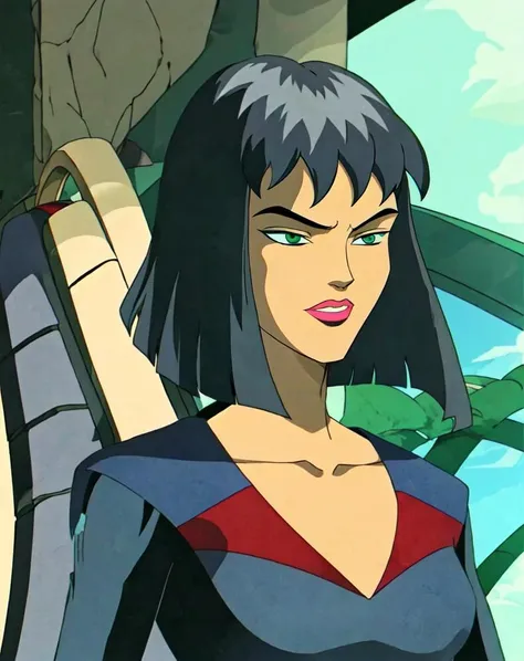karai, 1girl, short hair, black hair, gloves, dress, black gloves, black dress with red trim, makeup, lipstick, retro artstyle, 1990s style <lora:TMNT_Karai-12:1>