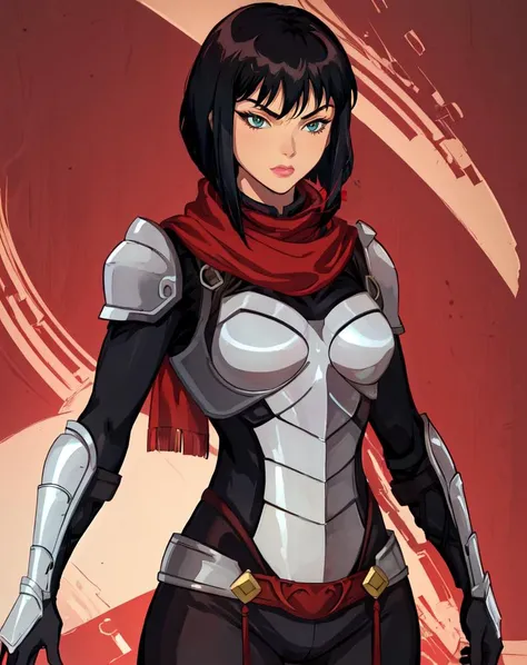 karai, 1girl, solo, short hair, black hair, gloves, scarf, armor, lipstick, red background, 2000s style <lora:TMNT_Karai-12:.8>