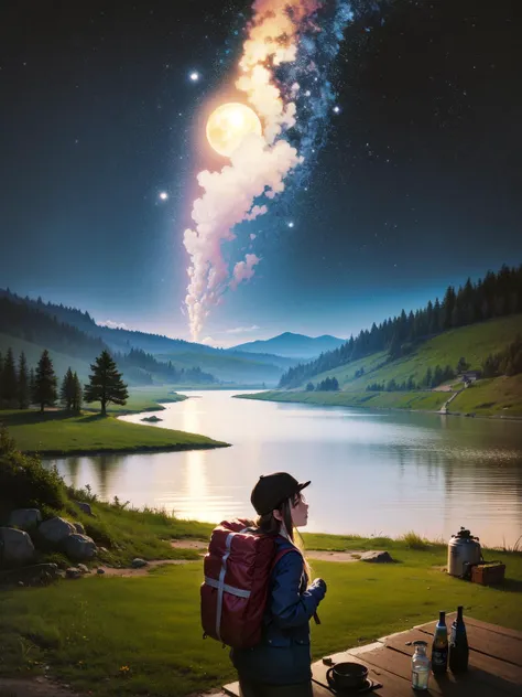 masterpiece, best quality, ultra-detailed, illustration, 1girl, solo, outdoors, camping, night, mountains, nature, stars, moon, tent, twin ponytails, green eyes, cheerful, happy, backpack, sleeping bag, camping stove, water bottle, mountain boots, gloves, sweater, hat, flashlight, forest, rocks, river, wood, smoke, shadows, contrast, clear sky, constellations, Milky Way, peaceful, serene, quiet, tranquil, remote, secluded, adventurous, exploration, escape, independence, survival, resourcefulness, challenge, perseverance, stamina, endurance, observation, intuition, adaptability, creativity, imagination, artistry, inspiration, beauty, awe, wonder, gratitude, appreciation, relaxation, enjoyment, rejuvenation, mindfulness, awareness, connection, harmony, balance, texture, detail, realism, depth, perspective, composition, color, light, shadow, reflection, refraction, tone, contrast, foreground, middle ground, background, naturalistic, figurative, representational, impressionistic, expressionistic, abstract, innovative, experimental, unique
