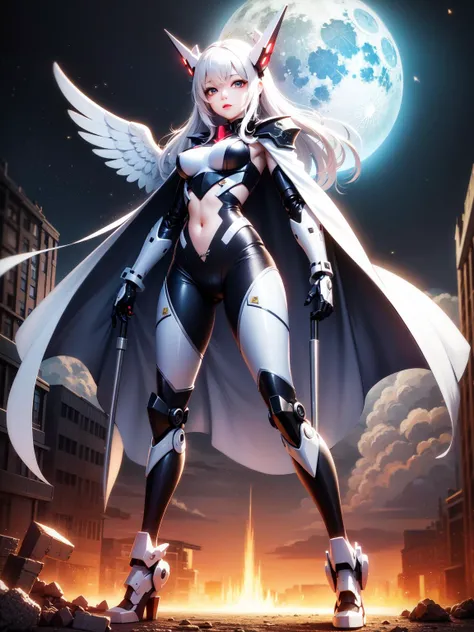 masterpiece,medium brests,(best quality),highres,solo,a girl inside ruins,white hair and red pupil surrounded by many glowing feathers,angel,ruined city,emotionless,detailed face,
night with bright colorful lights whith richly layered clouds and clouded moon in the detailed sky,a lot of glowing particles,long hair,(mecha clothes),robot girl,cool movement,sliver bodysuit,
filigree,delicate and (intricate) hair,((sliver)) and (broken) body,blue streaked hair,full body,Depth of field,navel,black cloak,
,mecha musume,mechanical parts,robot joints,headgear,