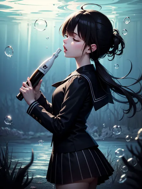 extremely detailed CG unity 8k wallpaper,illustration,lens 135mm,masterpiece, best quality,Backlighting,
//
1girl,solo,from side,closed eyes,mask removed,Ahoge,sailor shirt,pleated skirt,,hair slicked back,long hair,black hair,
//
bottle with stopper,water in bottle,grass background,nature,(Black theme:1.7),((very wide shot)),(((Underwater))),(Tyndall effect),Tyndall effect,Deep focus,Brenizer(Fisher),Watermaker,(bubbles:1.5), turtles, corals,Floating clothes,
:o,