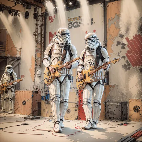 stormtroopers jamming on electric guitar on a stage, Lead singer gripping mic stand, full body, <lora:storm trooper:0.8>, masterpiece, high quality, <lora:add_detail:0.7>, helmet, <lora:xrs2.0:0.8>