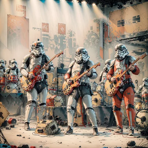 stormtroopers (playing rock and roll music on a stage), microphone, bangs, guitar, (drum set), keyboard \(instrument\), full body,<lora:storm trooper:0.8>, masterpiece, high quality, <lora:add_detail:0.7>, (helmet), <lora:xrs2.0:0.72>