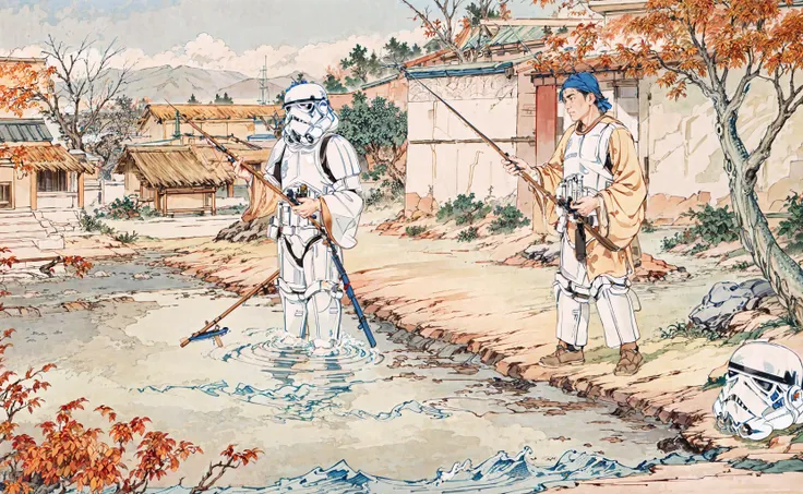 a (stormtrooper) fishing, fish, fishing, solo, river, water, traditional architecture, outdoor, <lora:storm trooper:0.7>, <lora:xrs2.0:0.9>, masterpiece, high quality, <lora:add_detail:0.9>, helmet,