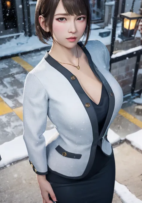 outdoors,snow_mountain,snowing ,woman,
office lady, white_coat,white_miniskrt, legs together,black shirt, looking at viewer, from above,parted lips,
hands_behind_back, evocative pose, sexy smile, skindentation,(looking at viewer:1.2), (big eyes,detailed eyes,bright pupils),
<lora:hipoly3DModelLora_hiqcgbody:0.45> hiqcgbody,masterpiece, (photorealistic:1.4), best quality, beautiful lighting, detailed, intricate , RAW photo, 8k uhd,