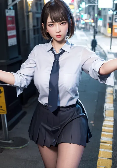 city_night_lights,cityscape,
school uniform,pleated skirt,necktie,white gloves,
(walking), 
(pantyhose),
( facing viewer), 
outstretched arms,
from above,
woman,parted lips,happy,
evocative pose, sexy smile,(looking at viewer:1.1), (detailed eyes,bright pupils),shiny skin, skindentation,
<lora:hipoly3DModelLora_hiqcgbody:0.5> hiqcgbody,big eyes,unparalleled masterpiece, ultra realistic 8k CG, clean, beautiful face, shiny skin, skindentation,