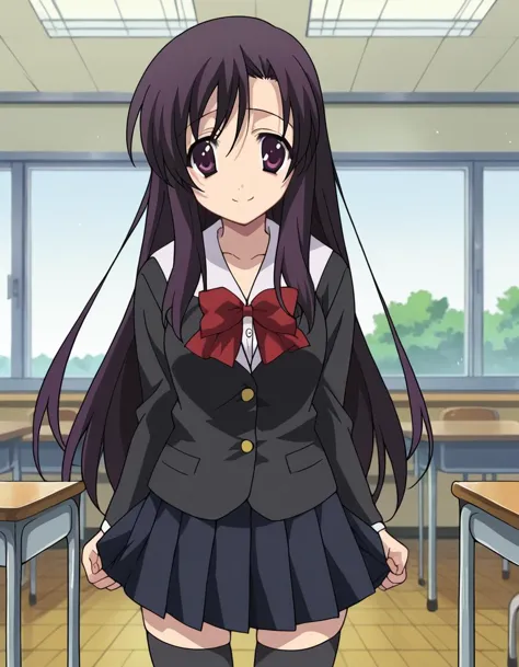 score_9, score_8_up, score_7_up, source_anime,
kotonohakatsura, <lora:kotonoha-katsura-ponyxl-lora-nochekaiser:1>,
kotonoha katsura, purple eyes, black hair, long hair, smile,
black thighhighs, bow, red bow, school uniform, skirt, thighhighs, zettai ryouiki,
indoors, classroom,
looking at viewer, cowboy shot,