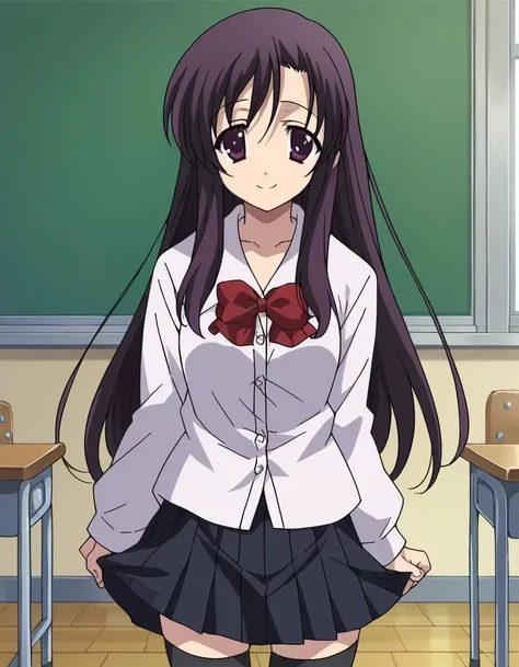 score_9, score_8_up, score_7_up, source_anime,
kotonohakatsura, <lora:kotonoha-katsura-ponyxl-lora-nochekaiser:1>,
kotonoha katsura, purple eyes, black hair, long hair, smile,
black thighhighs, bow, red bow, school uniform, skirt, thighhighs, zettai ryouiki,
indoors, classroom,
looking at viewer, cowboy shot,