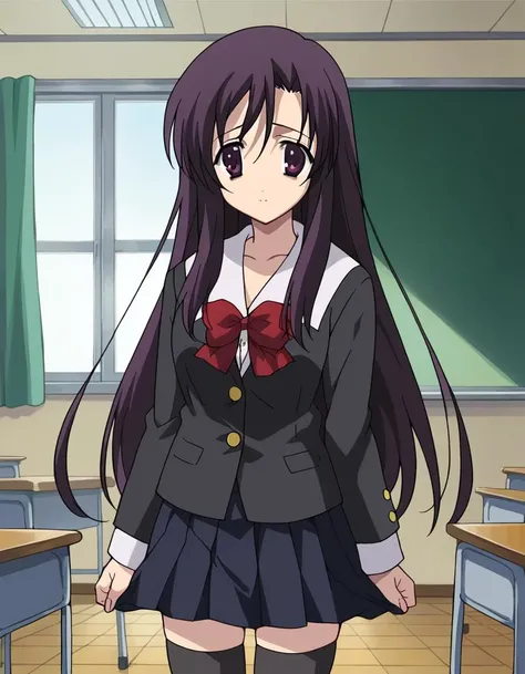 score_9, score_8_up, score_7_up, source_anime,
kotonohakatsura, <lora:kotonoha-katsura-ponyxl-lora-nochekaiser:1>,
kotonoha katsura, purple eyes, black hair, long hair,
black thighhighs, bow, red bow, school uniform, skirt, thighhighs, zettai ryouiki,
indoors, classroom,
looking at viewer, cowboy shot,
