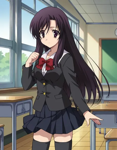 score_9, score_8_up, score_7_up, source_anime,
kotonohakatsura, <lora:kotonoha-katsura-ponyxl-lora-nochekaiser:1>,
kotonoha katsura, purple eyes, black hair, long hair,
black thighhighs, bow, red bow, school uniform, skirt, thighhighs, zettai ryouiki,
indoors, classroom,
looking at viewer, cowboy shot, dynamic pose,
