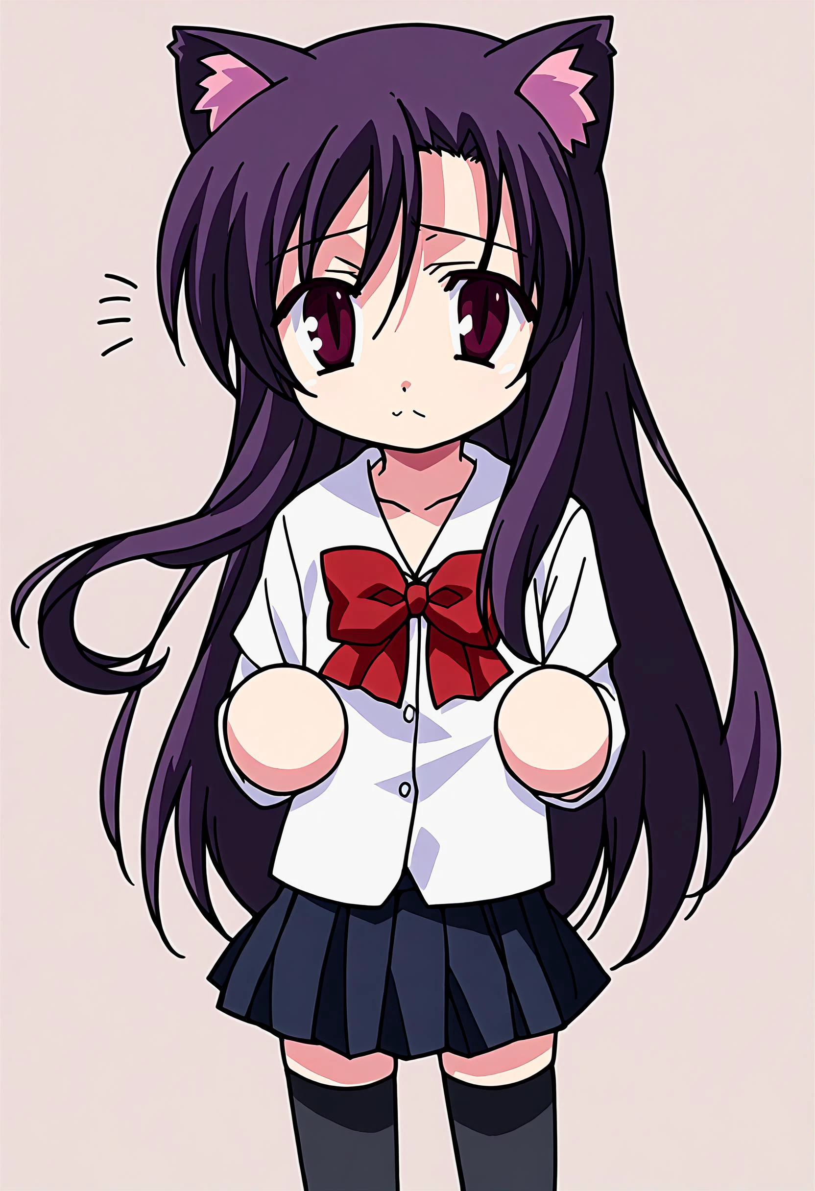score_9, score_8_up, score_7_up, source_anime
BREAK solo, 1girl, looking at viewer,
BREAK <lora:necoarc-guy-PONY-v1:1>necoarc, slit pupils, cat ears, chibi, :3, <lora:kotonoha-katsura-ponyxl-lora-nochekaiser:1>kotonoha katsura, purple eyes, black hair, long hair, black thighhighs, bow, red bow, school uniform, skirt, thighhighs, zettai ryouiki,