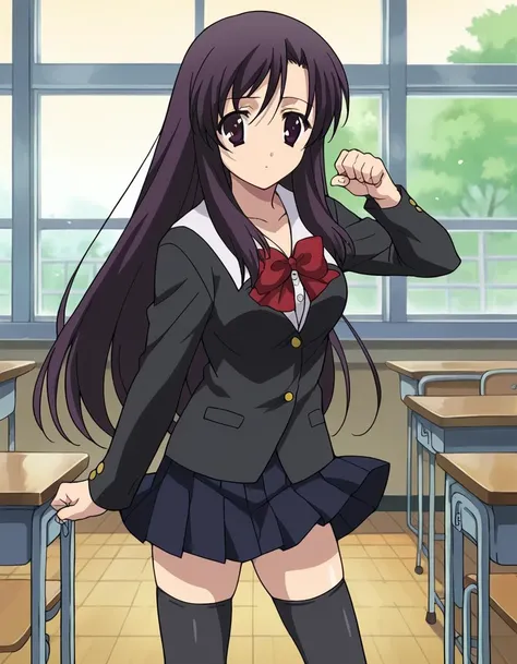 score_9, score_8_up, score_7_up, source_anime,
kotonohakatsura, <lora:kotonoha-katsura-ponyxl-lora-nochekaiser:1>,
kotonoha katsura, purple eyes, black hair, long hair,
black thighhighs, bow, red bow, school uniform, skirt, thighhighs, zettai ryouiki,
indoors, classroom,
looking at viewer, cowboy shot, dynamic pose,