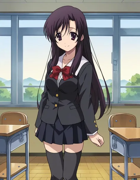 score_9, score_8_up, score_7_up, source_anime,
kotonohakatsura, <lora:kotonoha-katsura-ponyxl-lora-nochekaiser:1>,
kotonoha katsura, purple eyes, black hair, long hair, smile,
black thighhighs, bow, red bow, school uniform, skirt, thighhighs, zettai ryouiki,
indoors, classroom,
looking at viewer, cowboy shot,