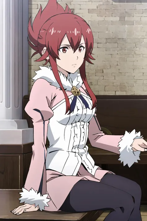 (Masterpiece:1.2), (best quality:1.2), intricate details, ultra detailed, 1girl, solo, EarnestC4H, <lora:EarnestC4H:0.8>, red hair, red eyes, side locks, hair between eyes, long sleeves, puffy sleeves, juliet sleeves, center frills, fur trim, skirt, pantyhose, indoors, tavern, tables, sitting