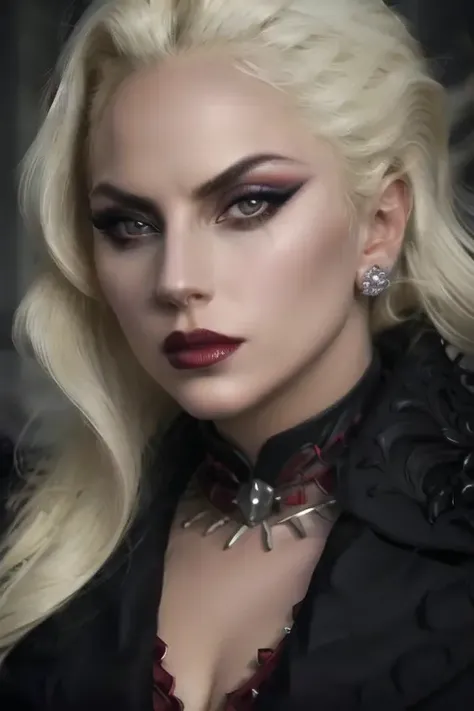 <lora:ldgaga-000003:0.8> ldgaga wearing a red velvet jacket, diamond necklace, eccentric hairstyle, blonde hair, black lipstick, gothic painting, dramatic lighting, sharp focus, smooth, urban, intricate details, 8k wallpaper, beautifully detailed eyes, beautifully detailed face, art by artgerm
