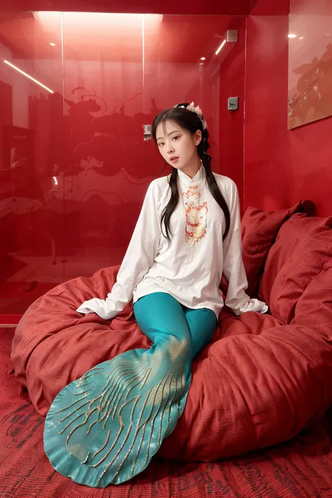 mermaid in fishbowl, hanfu, <lora:mingStyle8:0.5>  fish tail,