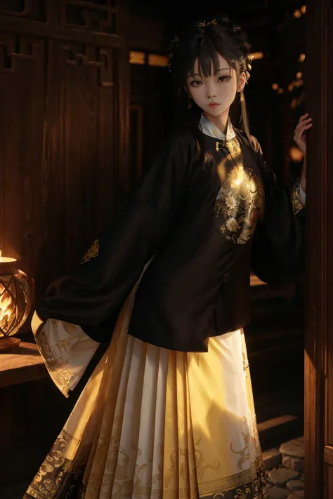 eyeliner, mascara, Black_eyes, Black_hair, long hair,cowboy shot,
1 girl ,(hanfu, ming style outfits, black short coat, yellow with white mamian skirt, round collar, overlapping collar),
facing viewer,
energetic movement,
anatomically correct, ccurate, textured skin, super detail, high details, award winning, best quality, high quality,masterpiece, best quality,realistic,realskin