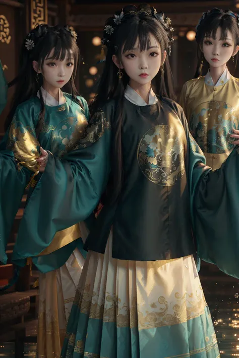 eyeliner, mascara, Black_eyes, Black_hair, long hair,cowboy shot,
1 girl ,(hanfu, ming style outfits, water green short coat, yellow with white mamian skirt, round collar, overlapping collar),
facing viewer,
energetic movement,
anatomically correct, ccurate, textured skin, super detail, high details, award winning, best quality, high quality,masterpiece, best quality,realistic,realskin