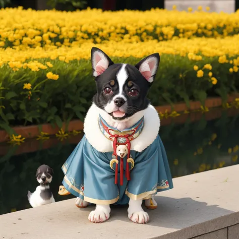 Photo, (puppy duck:1.20),cat dress hanfu, hanfu, <lora:hanfu_v30Ming:0.6>,no humans,