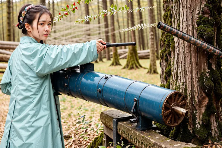 A girl holding a gatling gun, hanfu, <lora:mingStyle8:0.6> gatling gun, forest