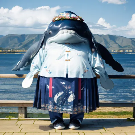 Photo, (fat whale:1.40), elephant dress hanfu, hanfu, <lora:hanfu_v30Ming:0.8> no humans,