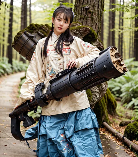 A girl holding a gatling gun, hanfu, <lora:mingStyle8:0.6> gatling gun, forest