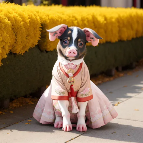 Photo, (puppy pig:1.20),cat dress hanfu, hanfu, <lora:hanfu_v30Ming:0.6>,no humans,