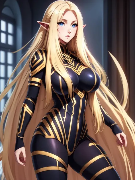 <lora:AlphaTEIS_NDV:0.8> AlphaNDV, 1girl, blonde hair, blue eyes, large breasts, very long hair, elf, pointy ears, black bodysuit