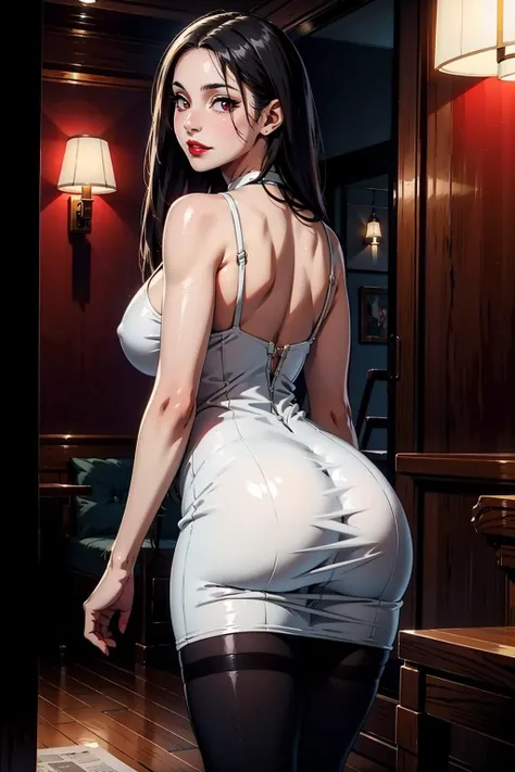 ((from behind, cowboy shot, ass focus, ass)), full body, (night time), (indoor, mansion), 1girl, beautiful, beauty, huge breast, sagging breast, detailed face, detailed eyes, jet black hair, long hair, crimson red eyes, (red lips), slihtly make up, white and shiny skin, (navy blue dress, one piece dress, black pantyhose:1.2, eleborate dress), (arrogant, sincere smile), looking at viewer, (mater piece, best quality, 8K, UHD, extreme detailed description, professional, studio lighting, sharp focus, natural lighting, highres, ultra detailed 8K CG, perfect lighting, exremely detailed background, eleborate atmosphere:0.75, fantastical colors, vivid colors, soft HDR), <lora:AlphaTEIS_NDV-10:0.55>, <lora:ASSAS:0.2>