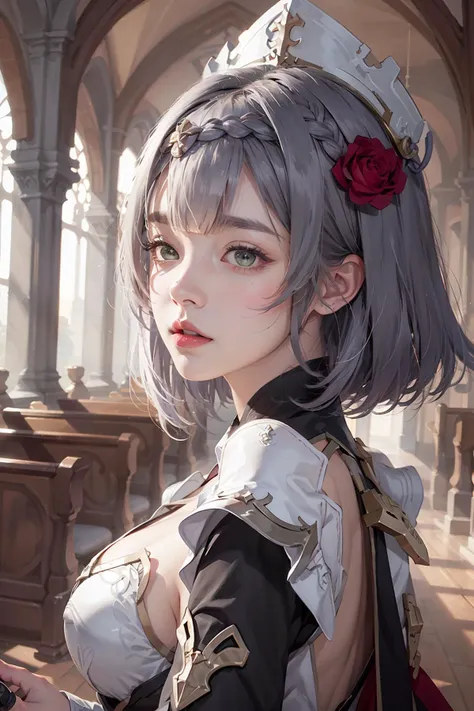 <lora:genshinfull1:0.7>, <lora:Noelle:0.7>, noelle, noelle (genshin impact), noelledef,
1girl,solo, short hair,realistic, grey hair,lips,profile,portrait,closed mouth,nose,from side, best quality, masterpiece, illustration, an extremely delicate and beautiful, extremely detailed ,CG,unity,8k wallpaper, Amazing, finely detail, masterpiece, best quality,official art,extremely detailed CG unity 8k wallpaper,absurdres, incredibly absurdres, huge filesize , ultra-detailed, highres, extremely detailed,beautiful detailed girl, extremely detailed eyes and face, beautiful detailed eyes,light on face, upper body,
outdoors, outside, day, medieval, germany, church