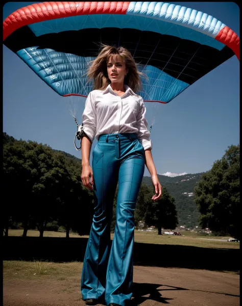 cinematic photo <lora:quiron_RacquelDarrian_v3_Lora:0.67> RacquelDarrianQuiron woman,, realistic, a woman Paragliding wearing Collared shirt and Bell-bottom pants: Pants that flare dramatically from the knee down, often associated with 70s fashion., . 35mm photograph, film, bokeh, professional, 4k, highly detailed