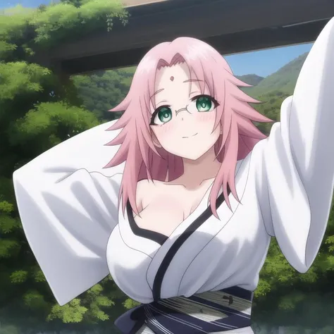 yuragisou-nonko, kimono, pink hair, green eyes, long hair, forehead mark, collarbone, large breasts, full body, solo, 1girl, highres, high quality, masterpiece, many details, outdoors <lora:yuragisou-nonko-000004:0.7>