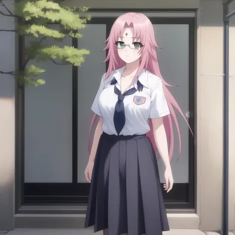 yuragisou-nonko, school uniform serafuku, pink hair, green eyes, long hair, forehead mark, collarbone, large breasts, full body, solo, 1girl, highres, high quality, masterpiece, many details, outdoors <lora:yuragisou-nonko-000004:0.6>