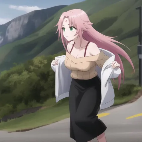 yuragisou-nonko, sweater, pink hair, green eyes, long hair, forehead mark, collarbone, large breasts, full body, solo, 1girl, highres, high quality, masterpiece, many details, outdoors <lora:yuragisou-nonko-000004:0.7>