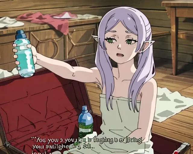 masterpiece, best quality, <lora:FrierenHoldingObjectV1-000150:1.0>, FHO, holding sword, 1girl, solo, white hair, english text, subtitled, open mouth, towel, indoors, naked towel, wooden floor, bare arms, sitting