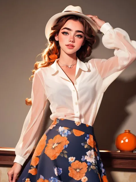 (((Medium shot:1.5))),nsfw, photo of a 30 years old, (TrualityCampus_Hannah) woman modelshoot style, (extremely detailed), (CG unity 8k wallpaper), Intricate, High Detail, Sharp focus, dramatic, ((photorealistic)), (((background a dusty windy wild west 1800's town))), ((posing for a photo)), (detailed pupils:1.2),warm smile, suntan, bronze skin, (full body shot, 8k, RAW photo, best quality, depth of field, ultra high res:1.2), (absurdres, intricate, photorealistic, masterpiece, ultra-detailed:1.3, cinematic lighting), shot at eye level, photography on a Fujifilm X-T4 with a 50mm lens, indoors, modelstyle photography setting,(facing_front_big_giganrtic),wide depth of field,( very long (orange ):1.5) hair, (realistic:1.5), glossy lips, soft skin, elegant makeup,wearing floral print skirt, <lora:f0r4lsk1rt:0.85> (f0r4lsk1rt,floral print:1.5),puffy long sleeves,hat,((see-through:1.3) white shirt)long sleeves,