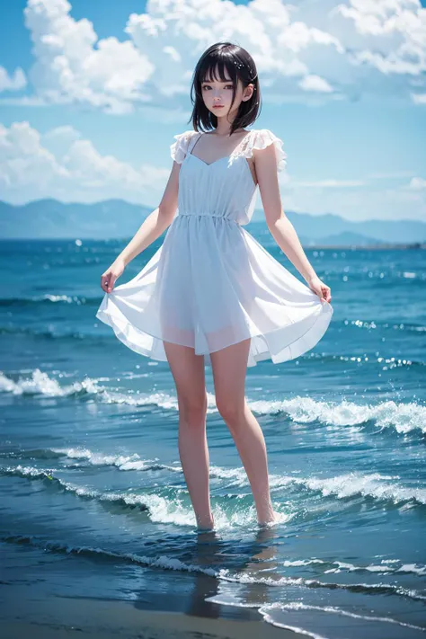 masterpiece, best quality, ultra high res, 1girl,blue theme<lora:bluetheme_skywater-000006:0.5>, sky, water,standing on water, white dress