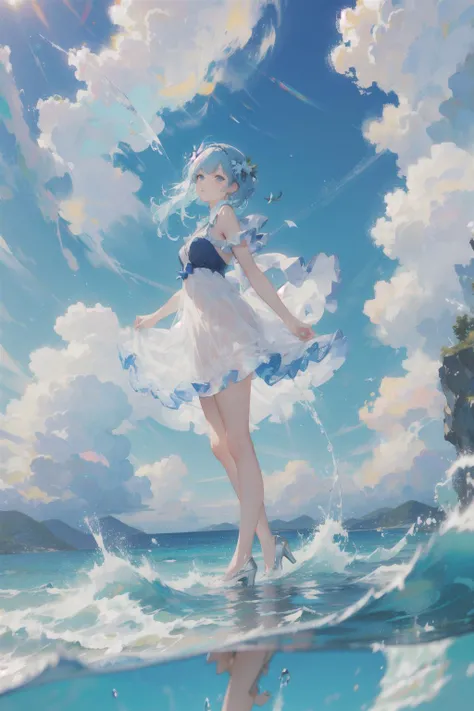 masterpiece,best quality,ultra high res, 1girl, white dress, short dress, blue theme, <lora:bluetheme_skywater:0.5>, sky,water, standing on water, looking at viewer,
