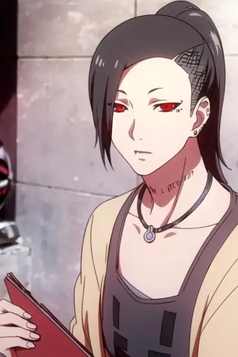 masterpiece, best quality, movie still, 1boy, solo, male focus, looking at viewer, upper body, depth of field, (watercolor illustration, soft pastel colors:1.1), realistic, <lora:uta_tokyo_ghoul:0.72>, uta_tokyo_ghoul, black hair, red eyes, black sclera, ponytail